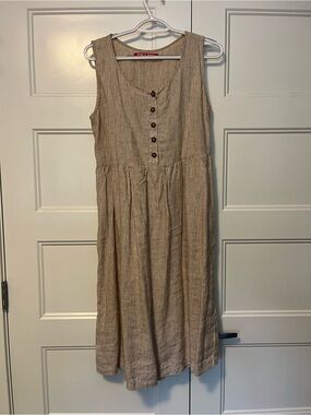 Sleeveless Striped Button-Front Linen Midi Dress in Beige